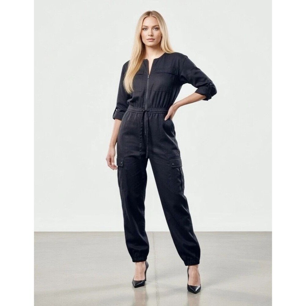 Athleta Celestial Utility Zip Jumpsuit Black Womens Size XS Long Sleeve EUC